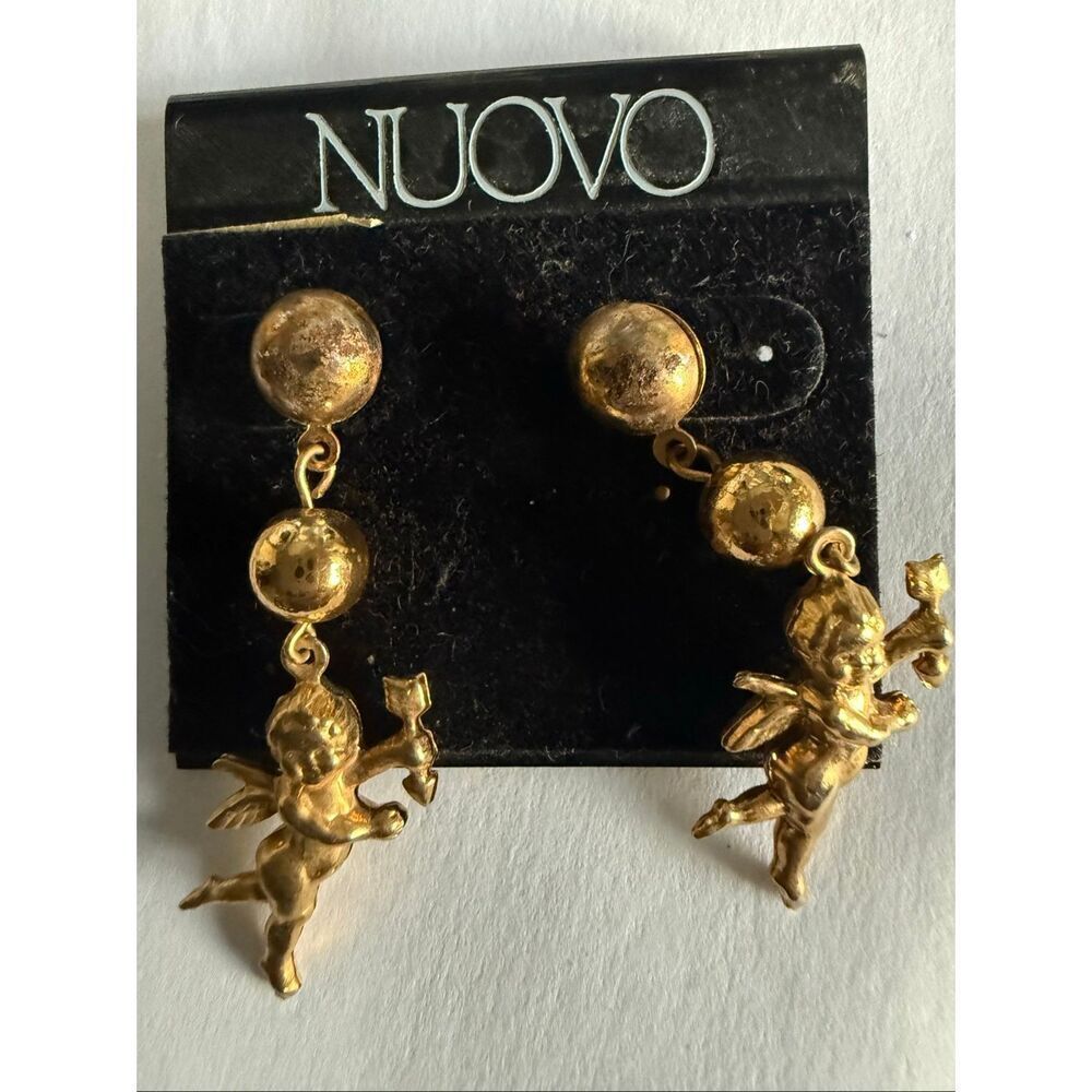 Nuovo Women's Gold-Tone 3D Cupid Cherub Angel Drop Earrings Costume Jewelry NWT